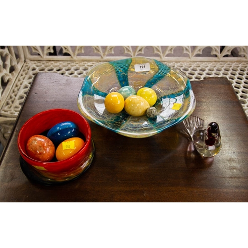 121 - COLOURED GLASS COASTER + STONE EGGS AND GLASS BOWL