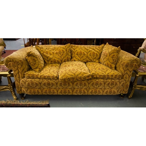 123 - ROLL BACK SETTEE WITH TURNED FRONT LEGS. 200 X 90 CM X 75CM HIGH