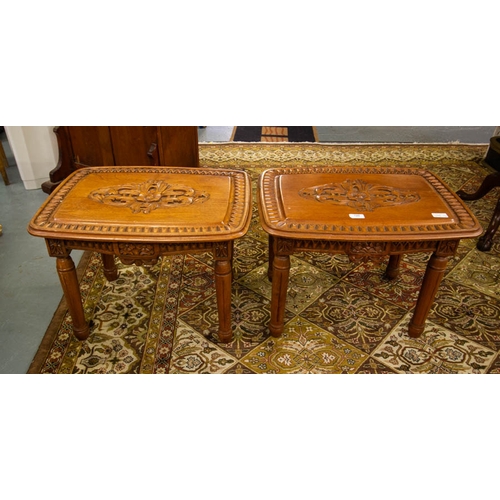 125 - PAIR OF CARVED TOP COFFEE TABLES 60 X 45 X 45H CM