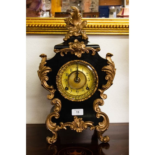 13 - ORNATE FRENCH  STYLE METAL FRAME MANTLE CLOCK WITH GILT METAL DECORATION + KEY 46H X 26W CM