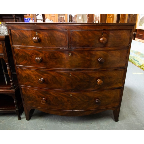 135 - ANTIQUE MAHOGANY BOW FRONT 2 OVER 3 DRAWER CHEST 105W X 55D X 105H CM