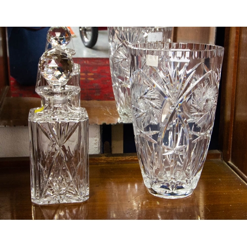 2 - CUT GLASS SQUARE DECANTER + VASE 26H CM