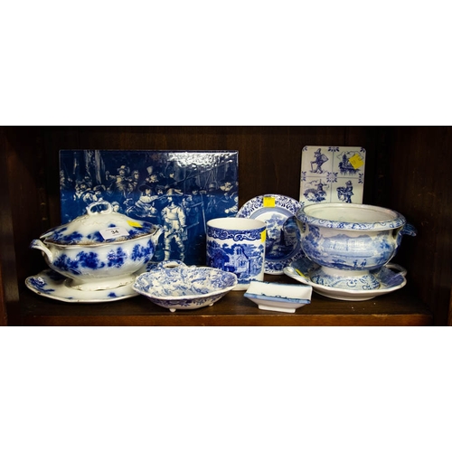 34 - COLLECTION OF BLUE + WHITE WARE + 2 DUTCH TILES