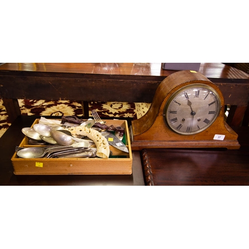 37 - INLAID CLOCK, MISC CUTLERY + CARVING