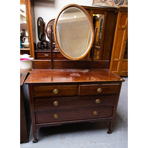 425 - INLAID MAHOGANY DRESSING TABLE 106W X 43D X 135H CM, CUPBOARD + SEWING MACHINE