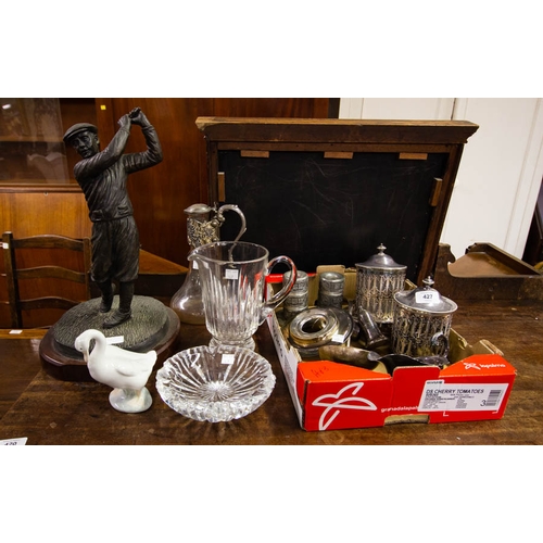 427 - GOLFER, SILVER PLATE, GLASS ETC