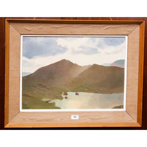 443 - OIL PAINTING ON CANVAS, MOUNTAIN SCENE + LAKE SCENE OIL ON BOARD