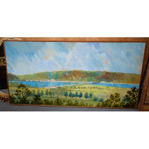 443 - OIL PAINTING ON CANVAS, MOUNTAIN SCENE + LAKE SCENE OIL ON BOARD