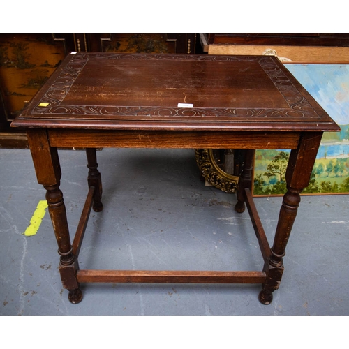 444 - CARVED OAK TOP SIDE TABLE AF 76W X 58 X 70H CM