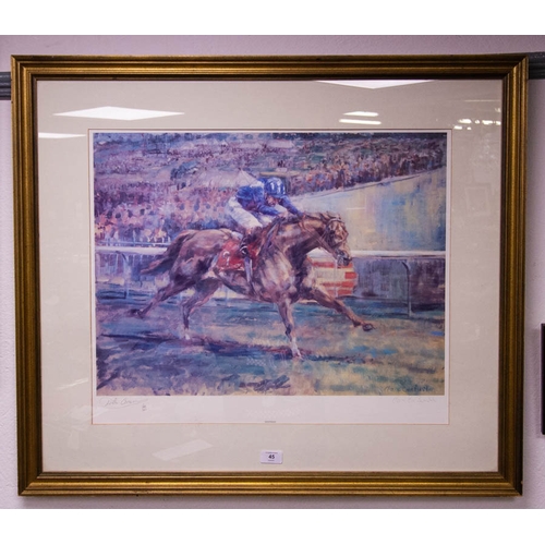 45 - CLARE EVA BURTON LIMITED EDITION RACING PRINT. SIGNED BY ARTIST AND WILLIE CARSUN. 87 X 75CM