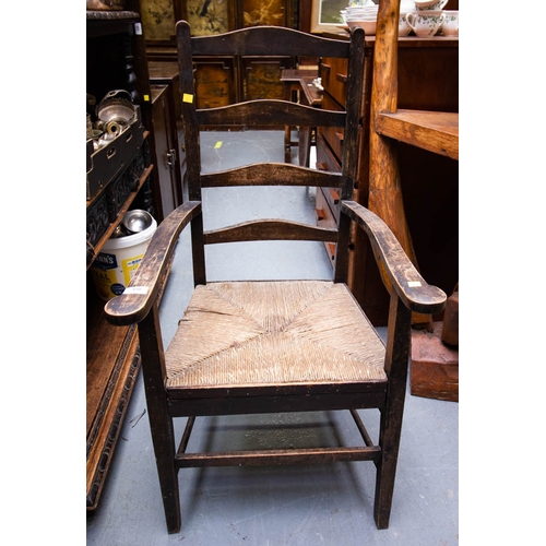 450 - OAK LADDER BACK RUSH SEAT ARM CHAIR