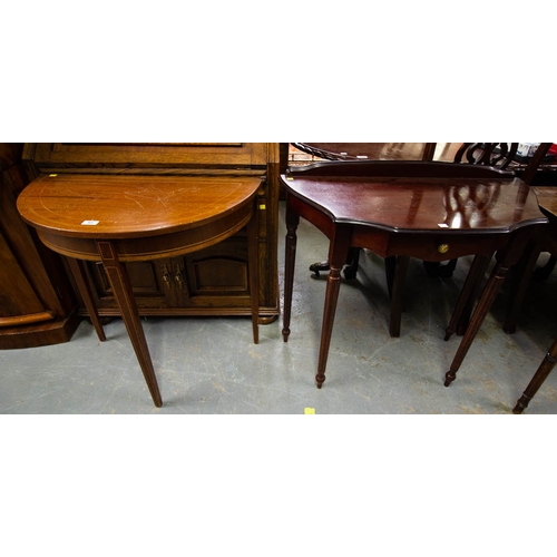 465 - INLAID HALF MOON MAHOGANY TABLE + SIDE TABLE