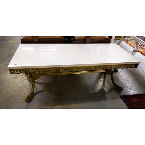 472 - ORNATE BRASS FRAME MARBLE TOP COFFEE TABLE. 117CM X 48 X43