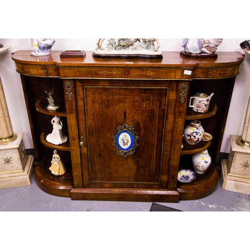 61 - ANTIQUE INLAID WALNUT CREDENZA WITH FLORAL PORCELAIN PLAQUES + CURVED OPEN SHELVES 150 X 40 X 98H CM