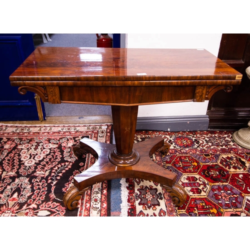 67 - VICTORIAN MAHOGANY FOLDOVER BREAKFAST TABLE ON PLATFORM BASE. 94CM X 47X 77CM