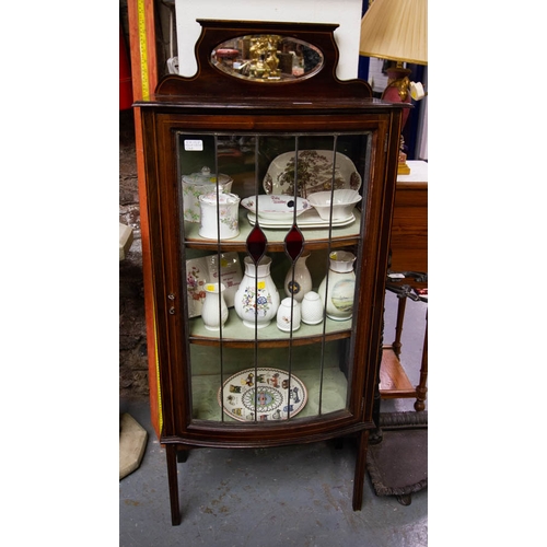 82 - INLAID BOW FRONT DISPLAY CABINET WITH LEADED GLASS. 59 X 30CM X 135CM HIGH