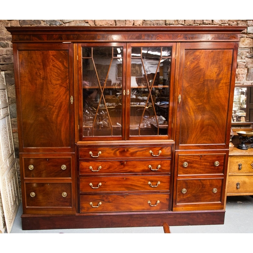 88 - QUALITY ANTIQUE MAHOGANY LINEN PRESS WITH 2 DOOR GLASS + DRAWER CENTRE 225W X 55D X 205H CM