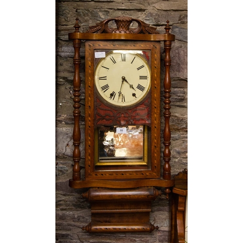 93 - ANTIQUE INLAID WALNUT WALL CLOCK WITH PAINTED DIAL. 90 CM HIGH