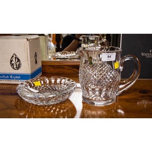 94 - WATERFORD CRYSTAL COLLEEN WATER JUG + HEAVY ASHTRAY - BOXED