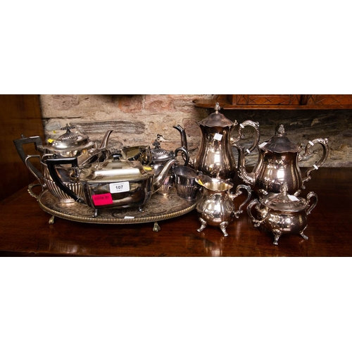 107 - LOT OF SILVER PLATED TEA SETS + TRAY