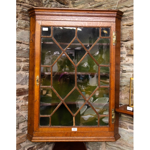 113 - ANTIQUE OAK CORNER CABINET - 1 GLASS PANEL MISSING. 97CM HIGH