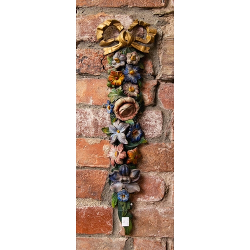 115 - PAIR OF VINTAGE CARVED TIMBER WALL HANGINGS FRUIT + FLOWERS 50H CM