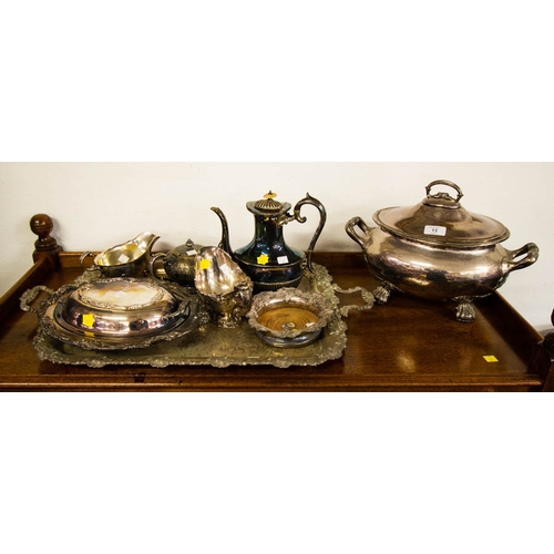 13 - 2 SILVER PLATED SAUCE BOATS, ENTREE DISH, TRAY + TEA POT