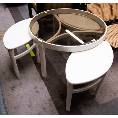 144 - VINTAGE 1960S NATHAN GLASS + TEAK ROUND COFFEE TABLE WITH 4 WHITE PAINTED NESTING TABLES 85W X 50H C... 