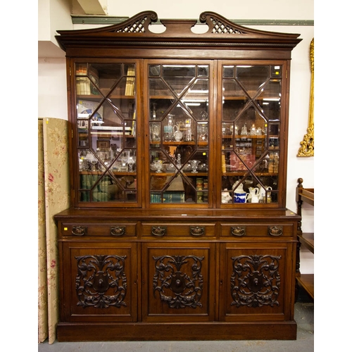 15 - ANTIQUE 3 DOOR MAHOGANY CARVED BASE BOOKCASE WITH BEVELLED GLASS TOP 183 X 50 X 250H CM