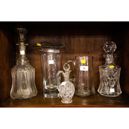 18 - 2 DECANTERS, JUG, VASE, 3 CUT GLASS FINGER BOWLS, 2 CONDIMENT DECANTERS + 2 SHAPED MINI VASES