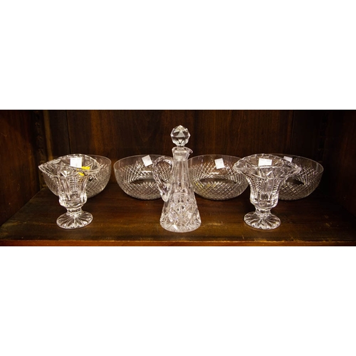 18 - 2 DECANTERS, JUG, VASE, 3 CUT GLASS FINGER BOWLS, 2 CONDIMENT DECANTERS + 2 SHAPED MINI VASES