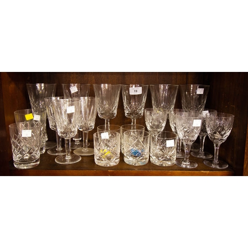 19 - 6 LARGE CAVAN CRYSTAL CLARET WINE GLASSES, 5 CUT GLASS WINE AF, 3 CUT GLASS WINE GLASSES, + MISC TUM... 