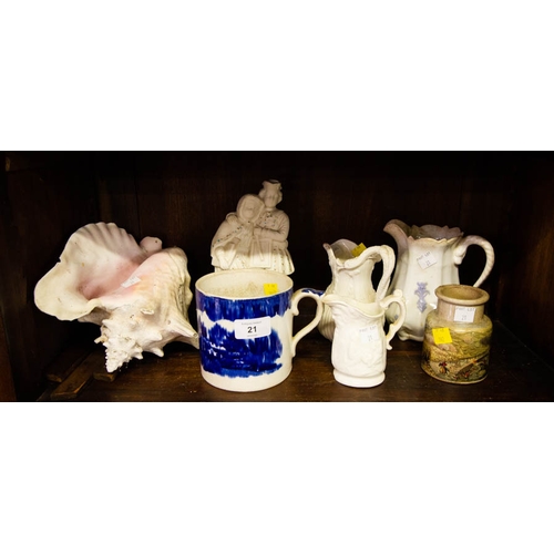 21 - PARIAN JUG + FIGURE, 2 ANTIQUE JUGS, PRATT WARE JAR SHOWING THE BATTLE OF ALMA + LARGE ANTIQUE MUG