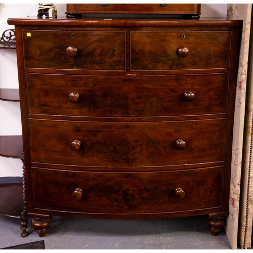 23 - QUALITY MAHOGANY 2 OVER 3 BOW FRONT CHEST OF DRAWERS 107W X 53D X 123H CM