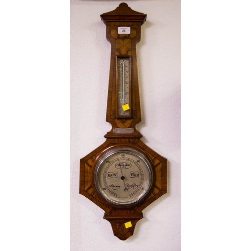 26 - INLAID WALNUT BAROMETER. 28CM WIDE X 75CM LONG