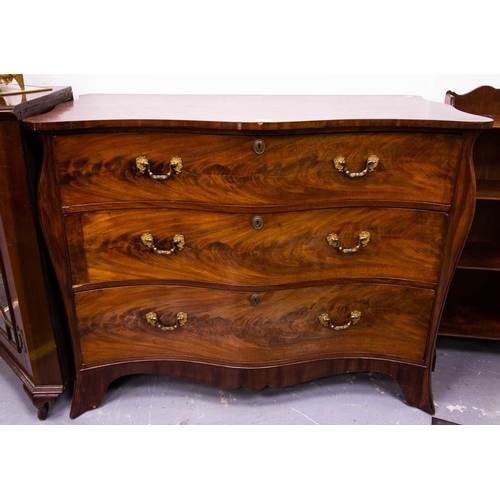 33 - ANTIQUE MAHOGANY SERPENTINE SHAPED FRONT 3 DRAWER CHEST 106 X 50 X 91H CM