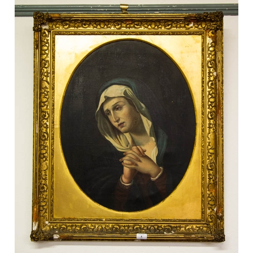 4 - ANTIQUE OIL ON CANVAS MADONNA IN GILT FRAME 85 X 75CM