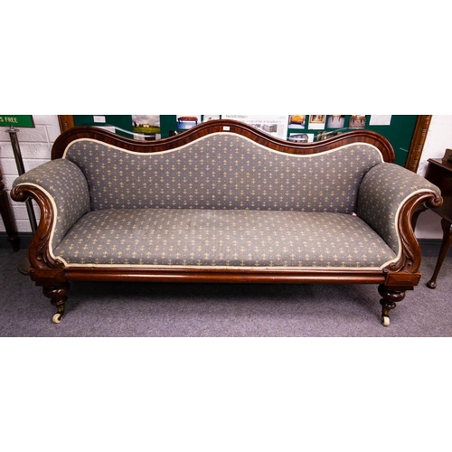 42 - VICTORIAN MAHOGANY DOUBLE END SHAPED BACK SETTEE. 220 CM LONG