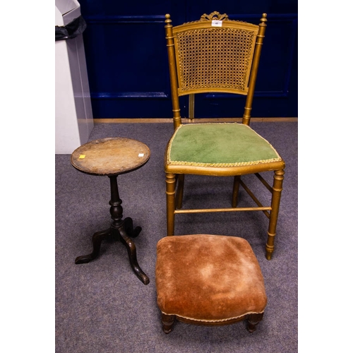 48 - GILT CANE BACK CHAIR + OAK WINE TABLE + STOOL