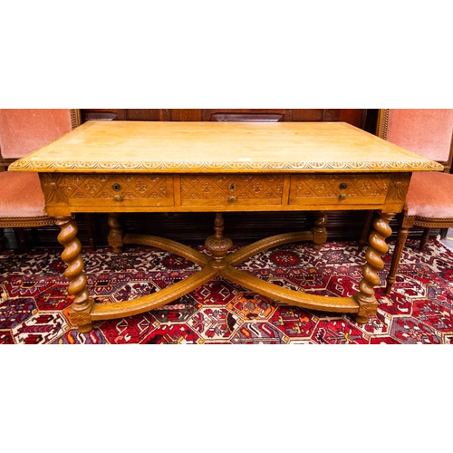 56 - CARVED OAK TABLE WITH DRAWERS + X STRETCHER 130 X 75 X 70H CM