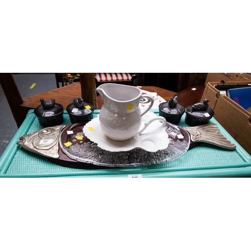 587 - OVAL PLATTER, FISH SERVER, 6 WINE GLASSES + MISC