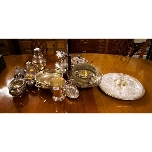 601 - COLLECTION OF MISC SILVER PLATE + 3 PIECE SILVER PLATED TEA SET