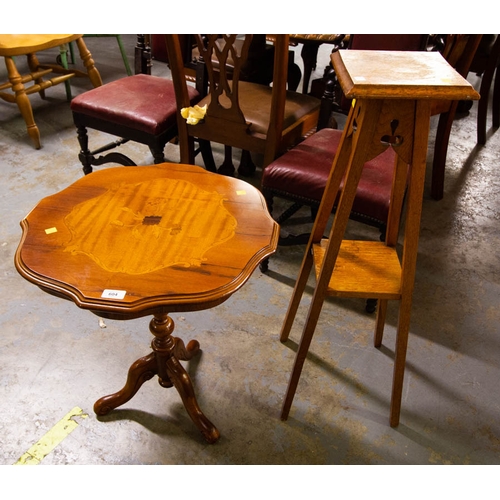 604 - INLAID OCCASIONAL TABLE + OAK 2 TIER PLANT STAND