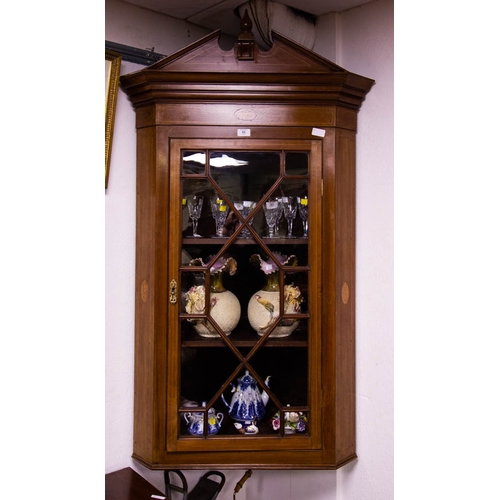 62 - ANTIQUE INLAID MAHOGANY HANGING CORNER CABINET. 79CM W X 135DM HIGH