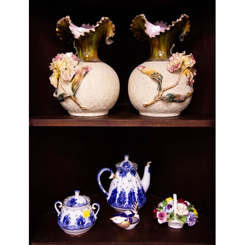 64 - PAIR OF VICTORIAN FRILL TOP VASES AF, ST PETERSBURG TEA POT + SUGAR BOWL, ROYAL CROWN DERBY BIRD + R... 