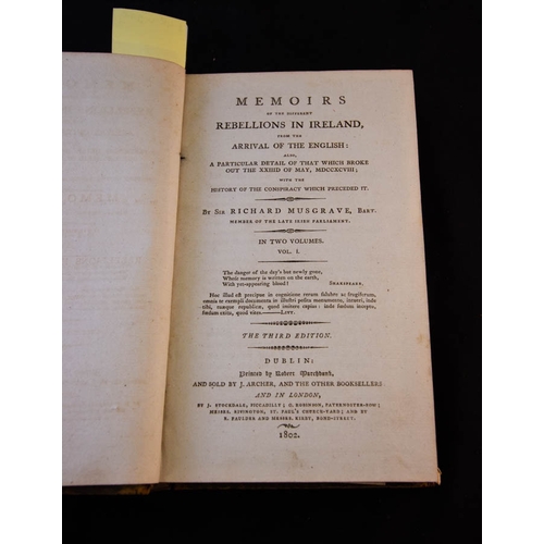 646 - MEMOIRS OF THE DIFFERENT REBELLIONS IN IRELAND BY SIR RICHARD MUSGRAVE. 2 VOLUMES. 1802. 3RD EDITION... 