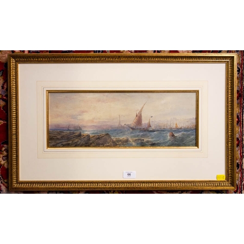 66 - WATERCOLOUR IN GILT FRAME EDWIN HAYES RHA 1820-1904 SHIPPING SCENE SIGNED 17 X 45H CM