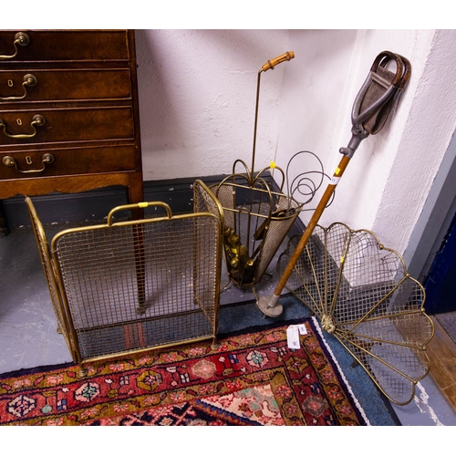 77 - 2 BRASS MESH FIRE SCREENS, VINTAGE UMBRELLA STAND, SHOOTING STICK AF + NEAT FIRE TIDY