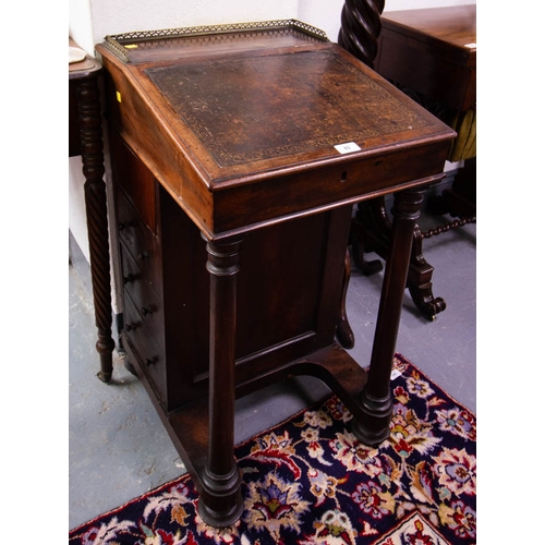 83 - NEAT GEORGIAN MAHOGANY SLOPE FRONT DAVENPORT WITH BRASS GALLERY. 47CM X 53CM X 87