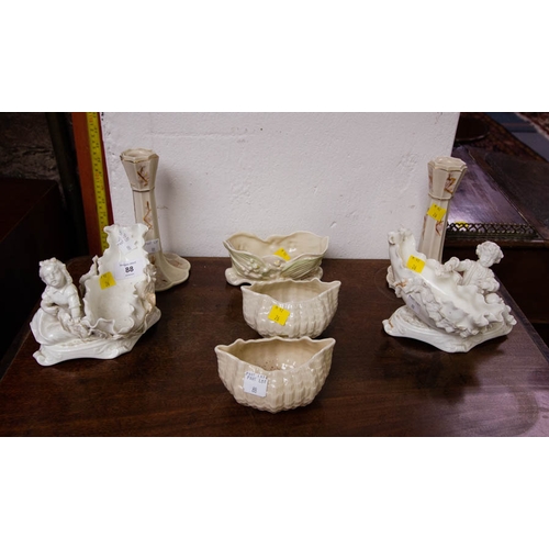 88 - 5 PIECES OF BELLEEK + 2 PORCELAIN FIGURES AF